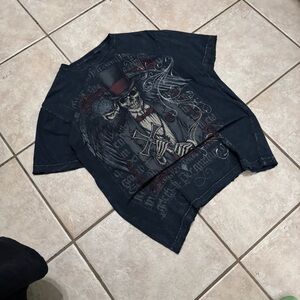 Vintage 2000s black and red studded skulls and crosses Affliction y2k emo shirt